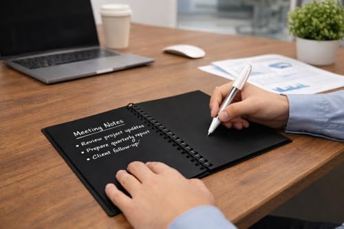 Siyah Spiralli Defter, A5 Çizgisiz Premium Not Defteri, 1 Adet Hediye Beyaz Jel Kalem, Ofis ve Okul İçin Şık Tasarım, Yazı Yazma, Çizim, Not Tutma İçin Mükemmel Hediye Seti - Görsel 6