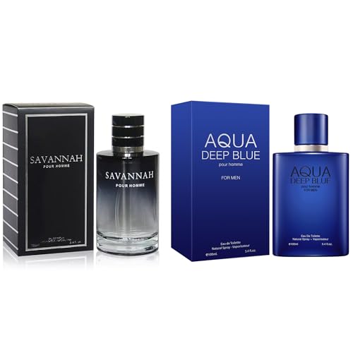 META-BOSEM Men's Perfume Gift Set, EDP, 2 Pack (3.4 oz / 100 mL each), SAVANNAH, AQUA DEEP BLUE, Modern Fresh & Aquatic Blue, for everyday & summer & travel, Long-Lasting, Gift Ready