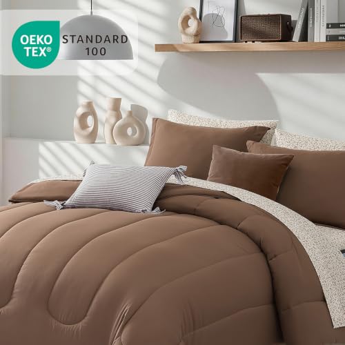 Image of Monbix King Size Comforter Set, 7 Pieces Soft Bed in a Bag King Bedding Set | All Season Brown Track Stitching Comforter with Printed Sheets, Pillowcases & Shams