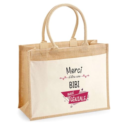 Cabas jute Merci Bibi Géniale avec grande pochette de rangement