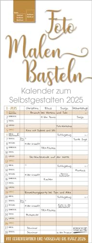 Familientimer 2025 gold Foto-Malen-Basteln: Familienplaner mit 4 Spalten als Fotokalender zum Selbstgestalten. Familienkalender mit Ferienterminen und festem Bastelpapier.