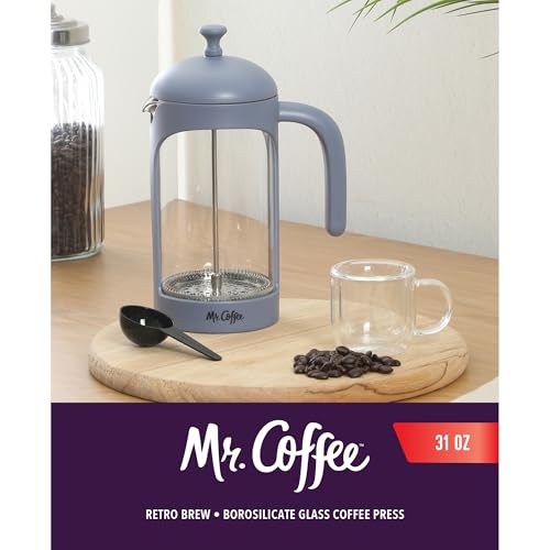Mr. Coffee Retro Brew French Press Coffee Maker, 31-Ounce Glass Carafe with High Heat Resistant Durable Borasilicate Glass & Blue Frame and Plunger, Includes Coffee Scoop by Mr. Coffee - Image 2