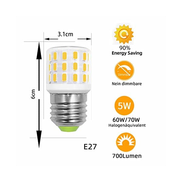 TRIJZHOU E27 LED Glühbirne Ersetzt 60w 70w Halogenlampen Warmweiß 3000K 5W 700Lumen Maislicht 100-265V Bädern… – Bild 3