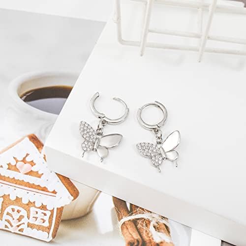 MESOVOR Butterfly Hoop Earrings for Women, 16K Gold Plated Small Pendant Drop Earrings | Sparkling Zircon Huggies Earrings