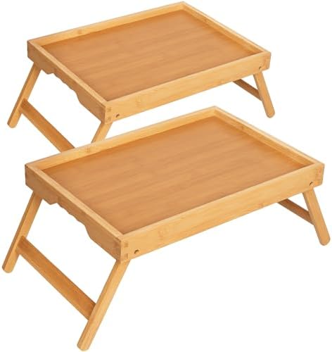 Breakfast Tray with Folding Legs Set of 2, Bamboo Bed Tray Table 15.7" Foldable TV Dinner Tray with Ergonomic Wave Handles for Bed Couch Sofa, Breakfast, Snacks, Coffee, Natural