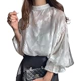 [Augseed] ブラウス レディース 長袖 おしゃれ シアー シャツ トップス 春 夏 秋 冬 シフォン 透け感 裏地なし 花柄 大きいサイズ きれいめ 可愛い フリル ゆったり スタンドカラー オフィス カジュアル フォーマル カットソー 就活(白,M)