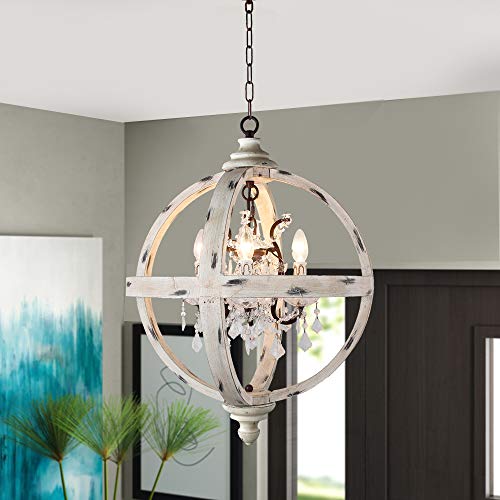 Aa Warehousing Lz13-4Wh 4 Light Candle Style Globe Clear Glass Crystals Wood Finish Chandelier, Withered White Woodfinish #TOP4