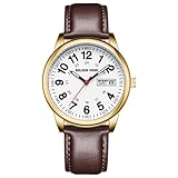 GOLDEN HOUR Easy Read Analog Quartz Watch for Men with Brown Leather Strap and Glow Dial in Gold