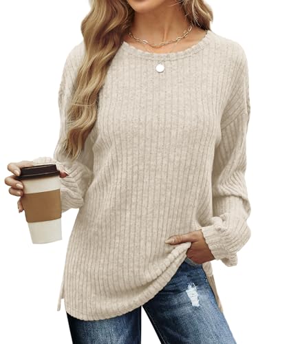 Image of Aokosor Jumpers for Women Oversized Ladies Sweatshirts Crewneck Long Sleeve Tops Basic Side Split Tunic Tops Beige Size 18-20