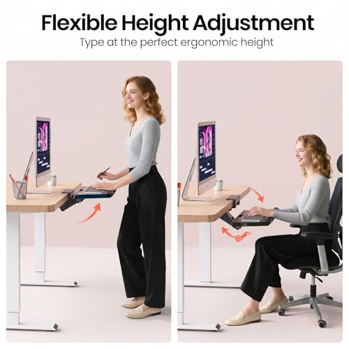 Klearlook Upgraded Ergonomic Keyboard Tray Under Desk, Adjustable Sliding Keyboard Platform Holder, Keyboard Stand with Wrist Rest & Storage Drawer for Home, Office and Gaming, 24.4\"x10\"