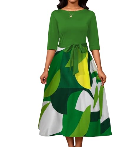 IbuduSexy Women's 3/4 Sleeve Belted A Line Midi Dress Light Green