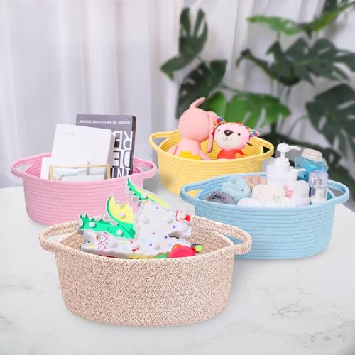 Image of ABenkle Small Basket with Handles, Boho Decorative Rope Woven Dog Cat Toy Storage Bin Shelf Storage Organizer, Easter Christmas Gift Basket, 12 inchx8 inchx5 inch