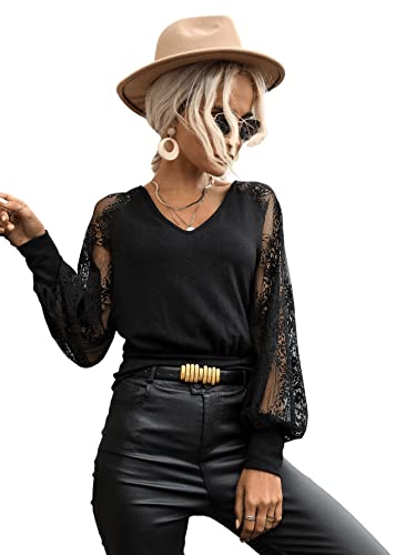 Sweatyrocks Women's V Neck Tie Back Long Sleeve Blouse Floral Lace Mesh Lantern Sleeve Tops Casual Shirts For Womens Black M #TOP2