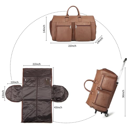Rolling Garment Bags for Travel,Convertible Duffle Garment Bag Roller Bag Carry on Garment Bag with Wheels Luggage Rolling Weekender Roller Duffle Bags for Travel-Brown