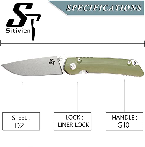 Sitivien St128 Folding Knife,D2 Blade,G10 Handle Folding Knife With Clip, Safety Liner Lock,Edc Tool Knife For Outdoor Hiking Camping-Army Green #TOP2