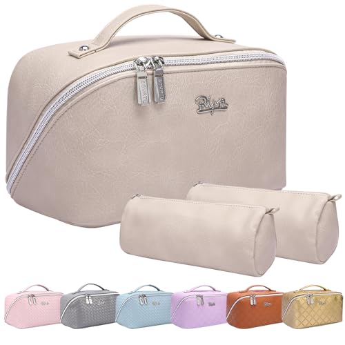 BOYATU Travel Makeup Bag Cosmetic Bag for Women, Cream White, Leather