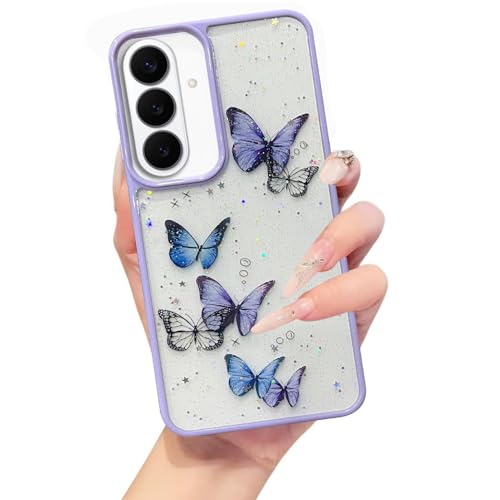 Image of VONZEE for Samsung Galaxy S26 Clear Glitter Butterfly Case, Cute Bling Sparkle Shiny Soft Silicone TPU Bumper Shockproof Women Girls Slim Protective Phone Cover, Purple