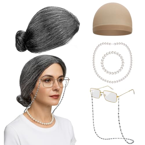 Huskein Old Lady Costume for Women, 100 Days of School Costume for Girls, Granny Bun Wig Glasses Wig Cap Pearl Necklace Bracelet Set