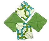 Handmade Fabric Coasters - Set of 4 - Waverly Groovy Grille Designer Fabric - Geometric Pattern - Made in Canada - Reversible - Modern Home Decor Accessories - Contemporary Tableware - Washable - Durable Designer Fabric - Neutral Colours - Mug Rug, Green, Turquoise Blue