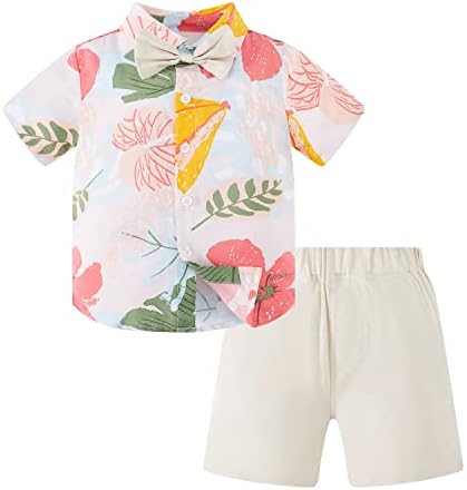 Yruiz Toddler Boy Hawaiian Outfit Set Baby Summer Floral Shirt with Bow-tie+Short Pants (Pink-Grey, 2T)