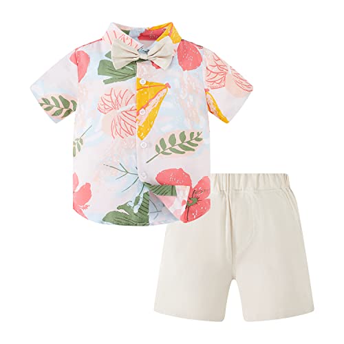 Yruiz Toddler Boy Hawaiian Outfit Set Baby Summer Floral Shirt With Bow-Tie+Short Pants (Pink-Grey, 2T) #TOP3