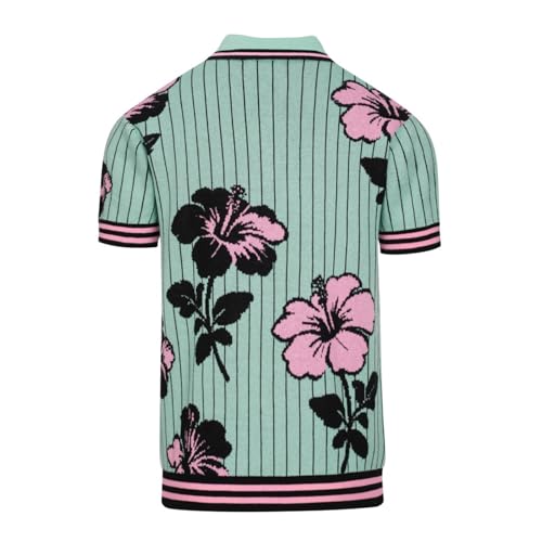 OXKNIT Camisa Polo de Algodón para Hombre Manga Corta Estilo Retro con Estampado Floral Rosa y Rayas Verdes con Cuello y Botones miniatura 3