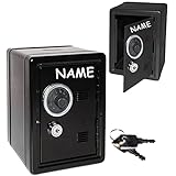 alles-meine.de GmbH Spardose Tresor Schrank - Schwarz - incl. Name - mit Schlüssel & Zahlenschloss / Zählwerk - aus Metall - stabile Sparbüchse für die Reisekasse - Geldtreso..
