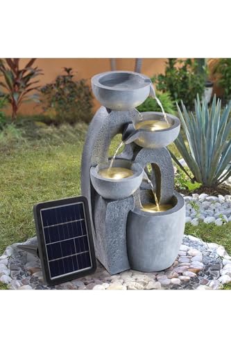 Warmiehomy Solar Water Fountain, 4 Tier Cascading Solar Water Feature 54cm Waterfall with Solar Powered Pump & LED Lights Garden fountains for Outdoor Water Features, Grey