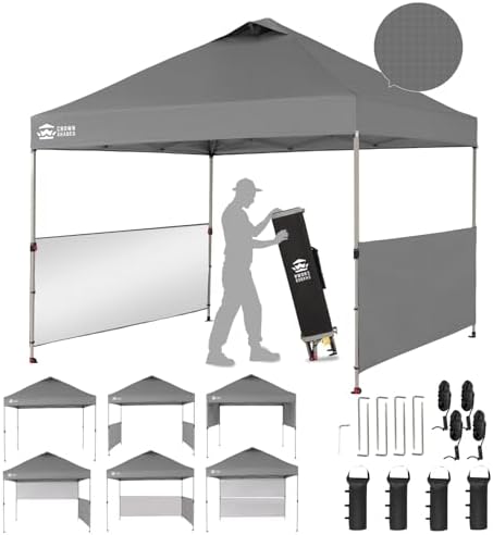 CROWN SHADES 10x10 Pop up Canopy Tent Instant Canopy with 150D Silver Coated Fabric Including 2 Half Sidewalls, 4 Ropes, 8 Stakes, 4 Weight Bags, STO 
