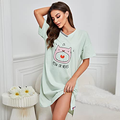 Ft Fenteng Women's Sleepwear Nightgown Cotton Loose Comfy Pajama Novelty Sleepshirts Short Sleeve Nightdress(L, Green) #TOP2
