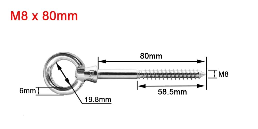 Tornillo Con Argolla 6 tornillos con forma de ojo M6/M8, ganchos de metal, anillo de terminal de madera de acero inoxidable 316, ganchos de ojal, accesorios de cable de alambre autorroscantes Tornillo