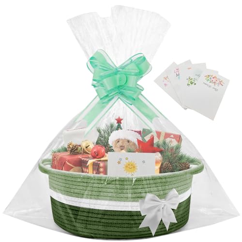 1 Pcs Hamper Basket,Gift Basket Empty with 5 Greeting Cards Ribbon Shredded Paper for Christmas,Baby Shower, Graduations, Housewarming,Easter,12.99X9.05X5.51(green)