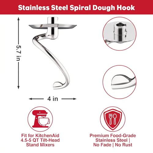 Image of Stainless Steel Spiral Dough Hook for KitchenAid 4.5QT & 5QT Tilt-Head Mixers - Dough Hook Kitchen Aid Accessories and Attachments, Kneading Hook for Bread, Pizza, Pasta, Cookies