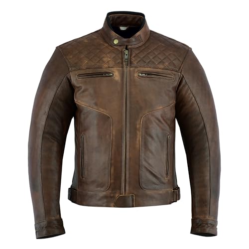 Texpeed Chaqueta de moto de cuero para hombre   Chaqueta de moto Touring con protección de armadura auténtica Biker CE (EN 1621 1) Patrón de costura de diamantes   Marrón   L