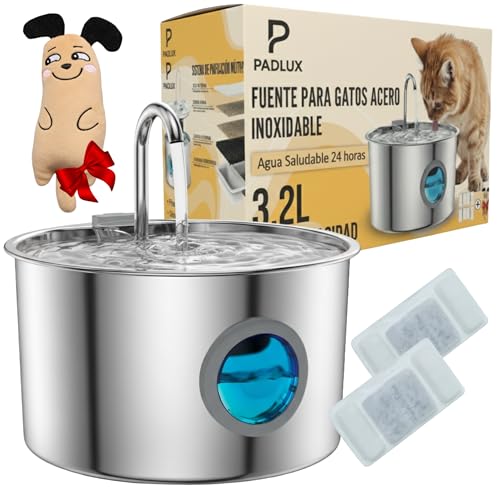 Padlux® Fuente para Gatos de Acero Inoxidable 3,2L Automático – Bebedero Silencioso de Bajo Consumo con 2 Filtros y 3 Esponjas | Dispensador para Mascotas | Fuente de Agua para Gatos Premium