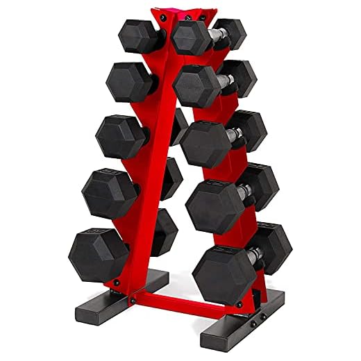 CAP Barbell A-Frame Dumbbell Weight Rack, Red (RK-12BIS-RD) with CAP 50lb Coated Hex Dumbbells, 5x2 20x2, & 10x2 15x2 & 25x2, Part of 150lb Set