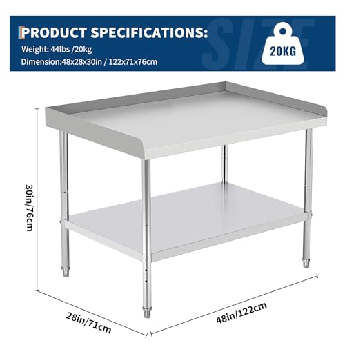 Image of GarveeTech 48x28x30 in Stainless Steel Equipment Grill Stand Table 400 LBS Capacity NSF Certified with Adjustable Legs, 2 in Edge Baffle, for Hotel, Home, Commercial Restaurant Kitchen