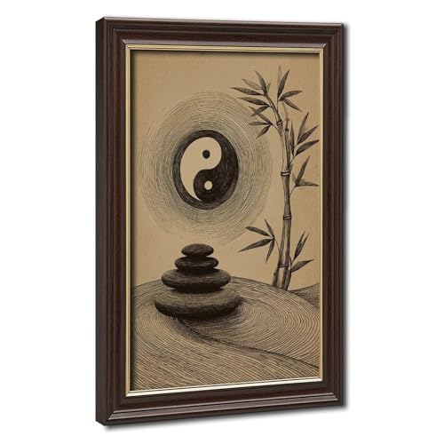 Peinture sur toile pour retrouver la sérénité - Tableau zen Yin Yang et bambou rétro