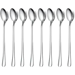 HOMQUEN Cuchara De Mango Largo, Agitador De Café, Cuchara De Café De Acero Inoxidable Premium, Cuchara De Té Helado, Cuchara De Helado, Cuchara Agitadora De Cóctel, Juego De 8 (Plata)