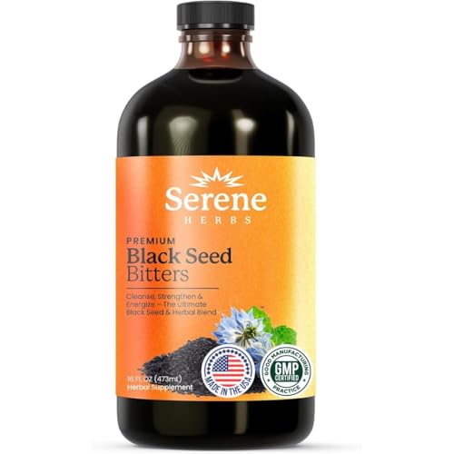 Serene Herbs Organic Black Seed Oil Bitters Liquid - Black Cumin Seed Extract Nigella Sativa Pure Blackseed Supplement with Thymoquinone for Immune Support & Digestion - Vegan - 16 oz