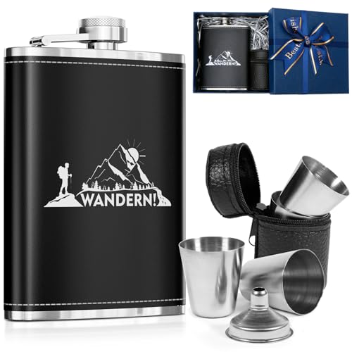 LILABIENE Flachmann Geschenkset mit Gravur zum Wandern Berge mit Becher Edelstahl Leder Schwarz Männer Herrentag Geburtstag Vatertag Weihachten 8oz/240ml