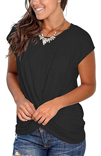 Womens Tops Short Sleeve Round Neck T-Shirts Front Twist Tunic Tops for Mom Black S - Thumbnail 2