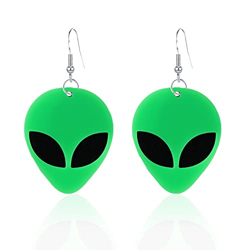 Acrylic Punk Green Alien Face Dangle Earrings Big Eye Space Aliens Statement Drop Stainless Steel Rave Earrings
