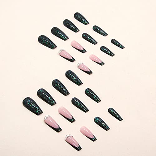 Yoyoee Long Coffin Press On Nails French False Nails Galaxy Fake Nails Acrylic Full Cover Green Nails Tips For Women And Girls 24Pcs #TOP2