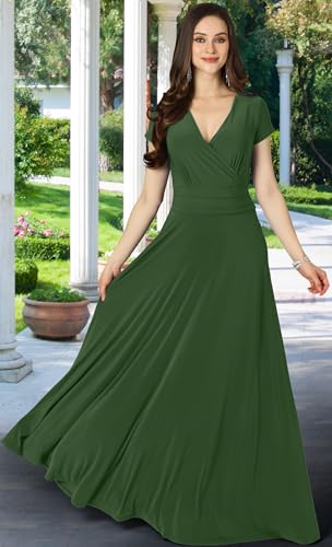 KOH KOH Petite Women’s Long Cap Short Sleeve Flowy Cocktail Semi Formal Prom Gala Black Tie Bridesmaid Wedding Guest Work Dressy Tall Gown Gowns Maxi Dress Dresses, Olive Green XS 2-4 - Thumbnail 3