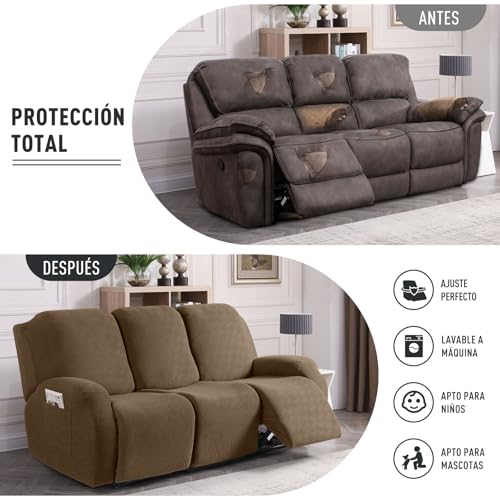 Miniatura 4 de Kincam Funda Sillon Relax Reclinable, Funda Para Sillón Relax De Jacquard, Funda Sillon Orejero Funda Elástica Con Bolsillo Para Perros Y Mascotas, Suave Y Lavable Funda Sofa 3 Plazas Marrón Claro