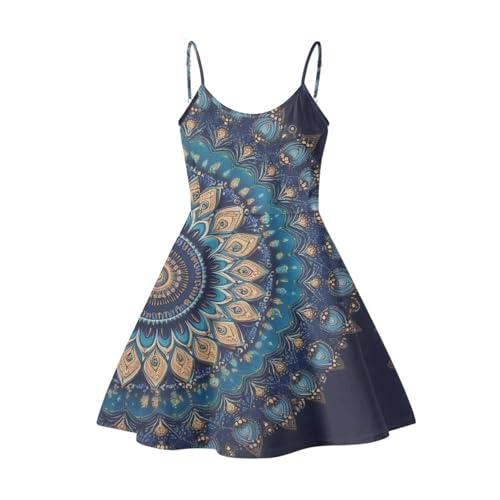 Frestree Blue Mandala Flower Print Dresses, Bohemia Style Spaghetti Strap Midi Satin Dress Summer Sleeveless Beach Sundress for Women Girl