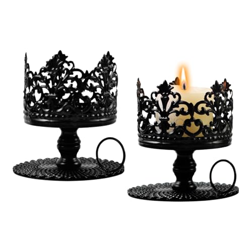 Dzmuero Candle Holders, Candelabra, Iron Crown Candle Holder Set of 2, Metal Black Pillar Candleholders for Table Candlestick Holders for Dinner Room Tabletop, Home Decoration, Indoor, Outdoor Decor