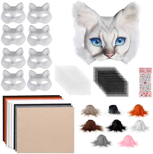 Lot de 6 masques pour chat Therian à peindre, fausse fourrure, filet pour les yeux, chiffon en feutre, masques d'animaux Furry pour Halloween, carnaval, mascarade, fête