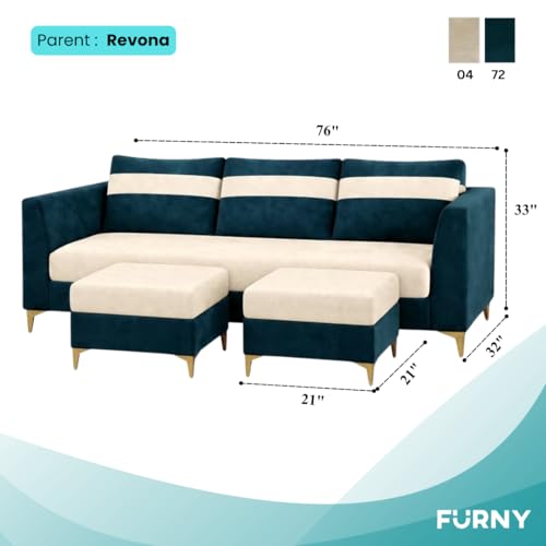 Image of FURNY Nova 5 Seater L Shape Sofa Set with 2 Movable Ottoman | Flexible Left or Right Layout | Plush Velvet Fabric (Greenish Teal-Cream) | Perfect for Living Room, Guest Room & Office